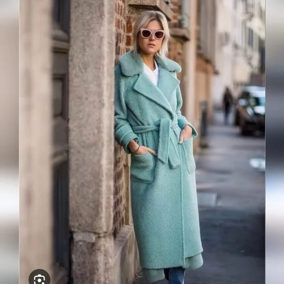 Turquoise Green Longline Robe Teddy Coat With Faux Fur Trim Size S Mermaidcore - Picture 4 of 16